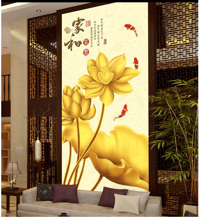 3D玄关走廊过道电视背景墙纸壁纸中式金色荷花家和富贵大型壁画