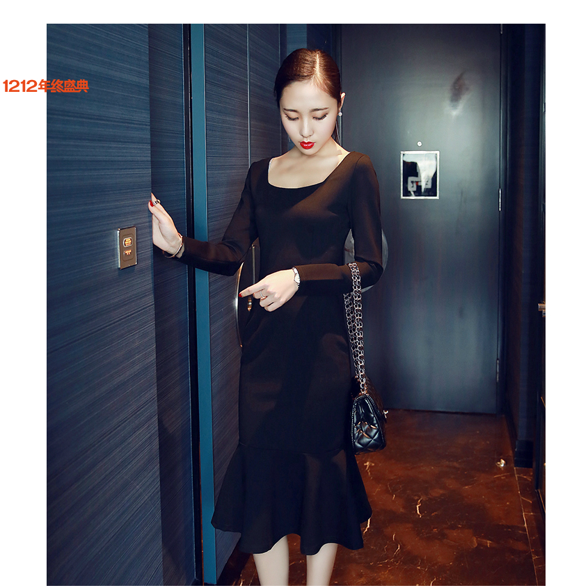 2015秋季新款韩版气质修身长袖鱼尾长款打底连衣裙女装潮