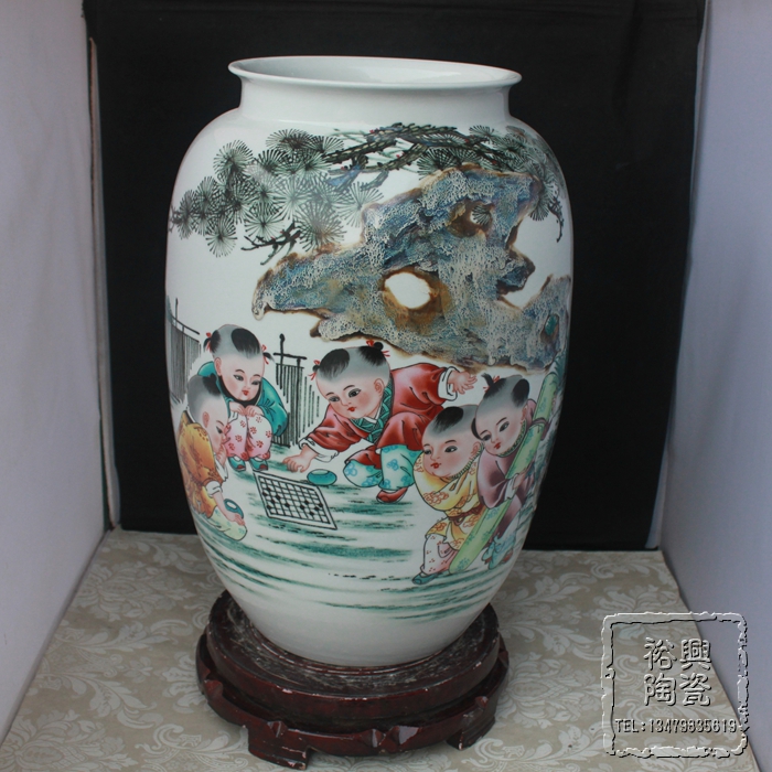 景德镇陶瓷花瓶摆件名人名家手绘窑变人物婴戏图冬瓜瓶客厅花瓶