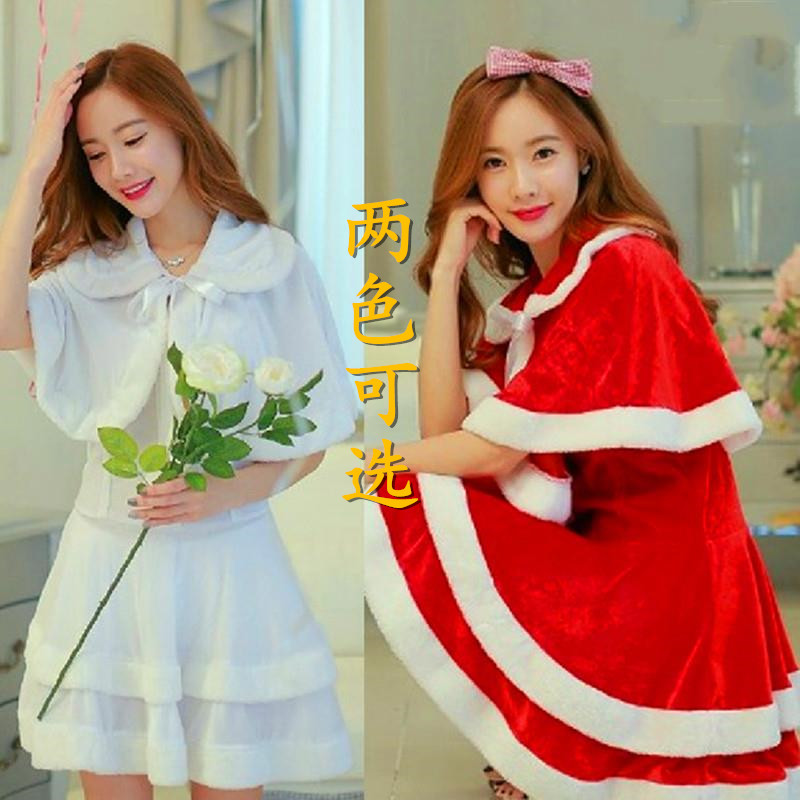 新款白色红色圣诞服装圣诞节服饰表演服派对披肩分体圣诞裙万圣节