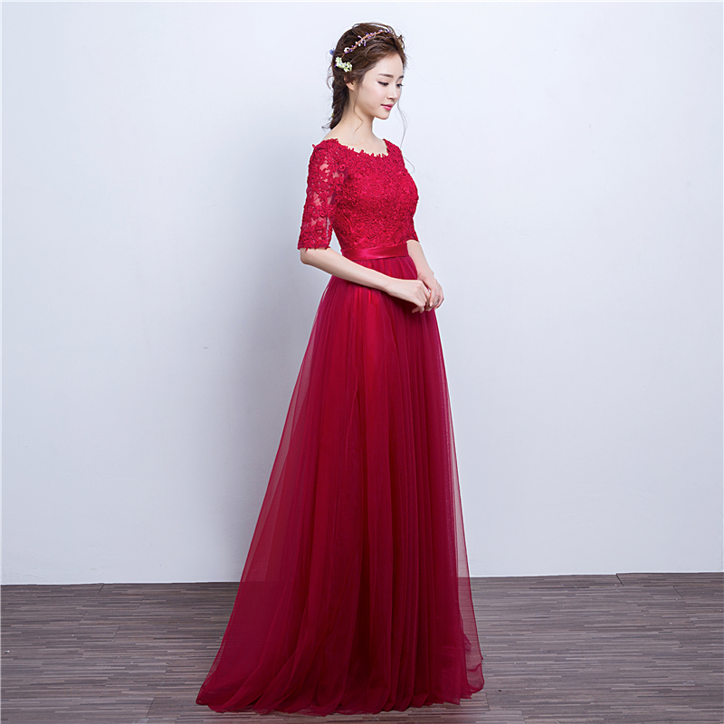 敬酒服新娘2016新款长款红色蕾丝时尚结婚一字肩中袖宴会晚礼服求