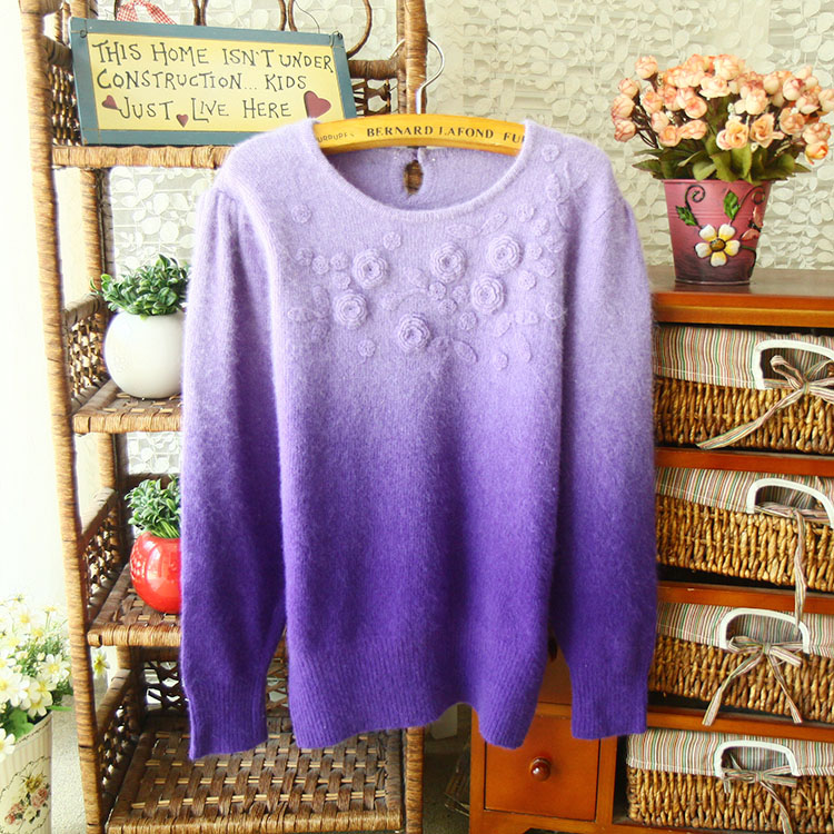 Y1094 复古毛衣vintage剪标紫色安哥拉兔毛绒长袖套头打底针织衫