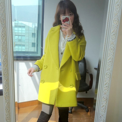 2015秋冬新款韩版女装西装领茧形大衣显瘦中长款双排扣毛呢外套潮