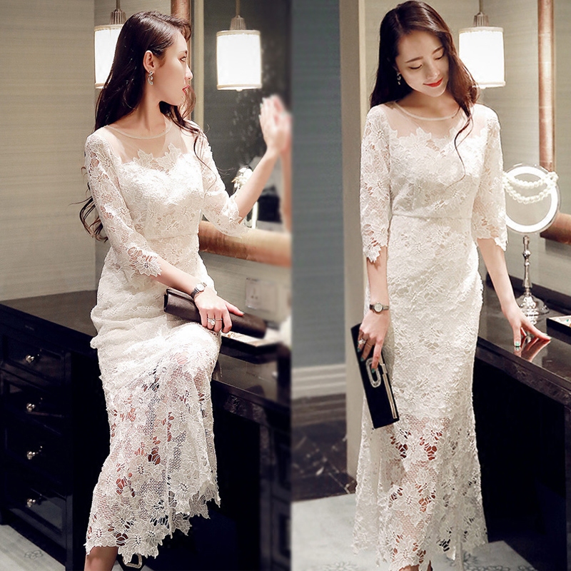 2015新款韩版有气场性感小香风蕾丝秋冬连衣裙派对年会仙美晚礼服
