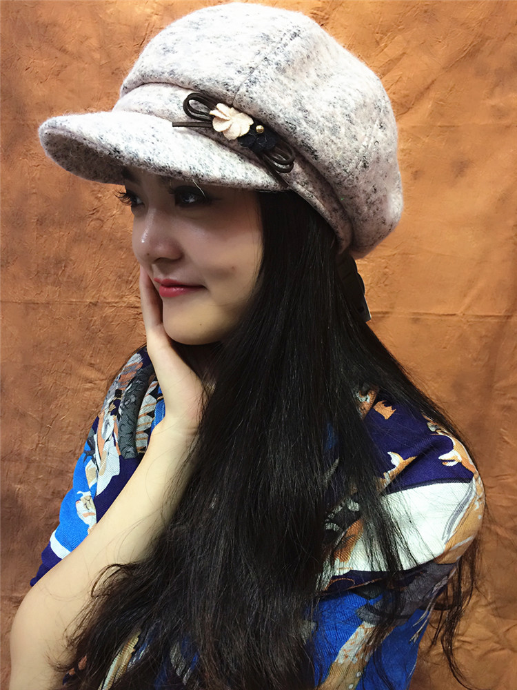 2015秋冬新款莹彩女孩时装帽时尚韩版单色羊毛鸭舌帽女帽210308