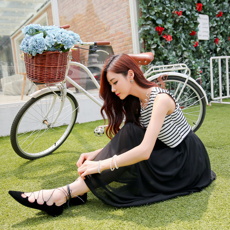 2015夏季新款韩系气质女装甜美优雅无袖条纹连体背心雪纺连衣长裙
