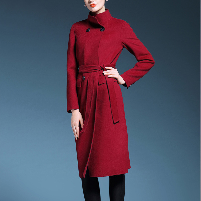 2015欧洲冬季新款毛呢外套中长款 奢华女士双面绒羊绒保暖大衣