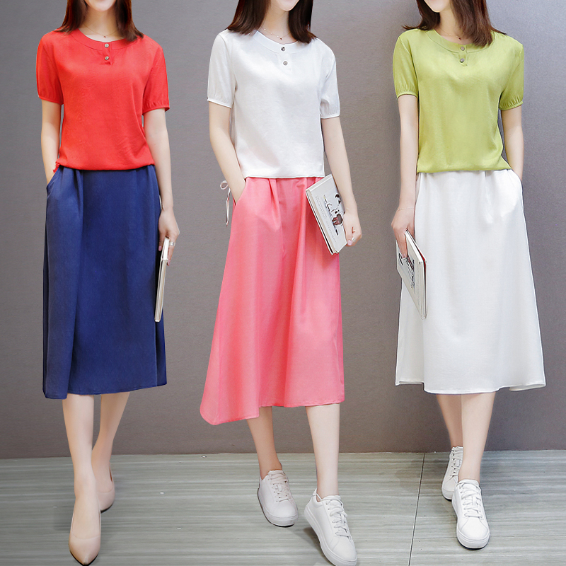 2016年夏季韩版新款棉麻两件套连衣裙 时尚套装 女