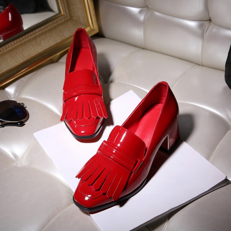 欧美明星同款16春季新款方头中跟单鞋流苏粗跟红色时尚女鞋