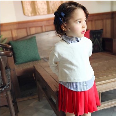 韩国童装女童2015秋款清新气质韩版拼接假两件儿童条纹百褶连衣裙
