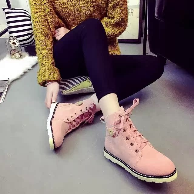 学生鞋粉色马丁靴冬季加厚系鞋带平底女靴加绒大棉鞋雪地靴女短靴