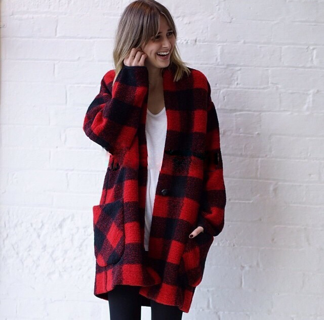 2014秋冬新款欧美风简约韩版大气质红黑格子超长款宽松羊毛呢大衣