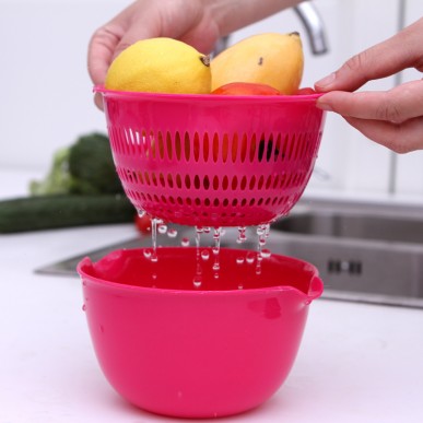 迷你圆形水果篮 蔬菜滤水篮 双层洗菜筛 沥水架2件套