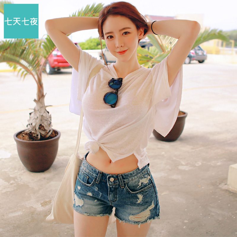 【七天七夜】韩版夏季中长款宽松白色短袖T恤 百搭竹节棉女衫