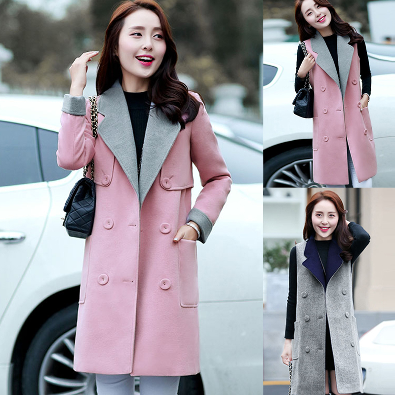 女装2015秋冬季两件套韩版修身毛呢大衣中长款双排扣两穿马甲外套