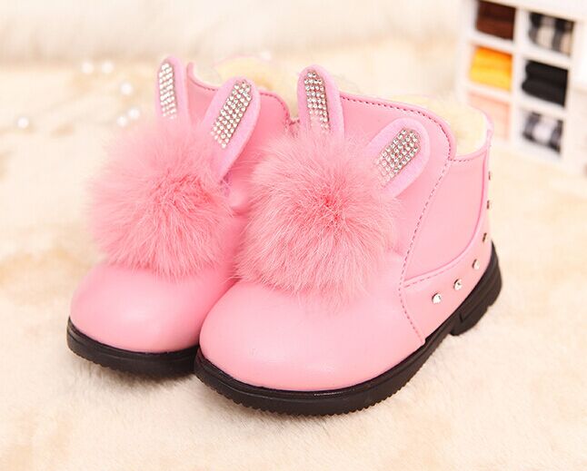 包邮2015冬季韩版童鞋 加绒大棉兔毛女童皮靴水钻女童短靴1-3岁