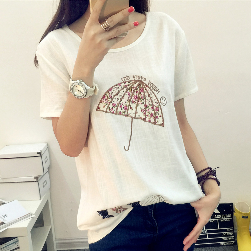 诗慕莎2015夏季新品女款韩版宽松字母猫咪雨伞印花短袖T恤