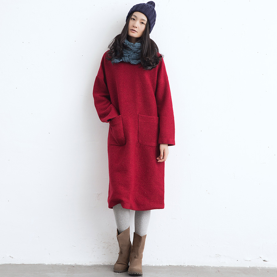 子陌2015冬装新款韩版韩版长袖中长款圆领羊毛后背拉链连衣裙女