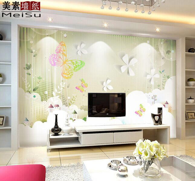 大型壁画温馨浪漫简约壁纸 卧室沙发3d立体电视背景墙纸 蝴蝶飞舞