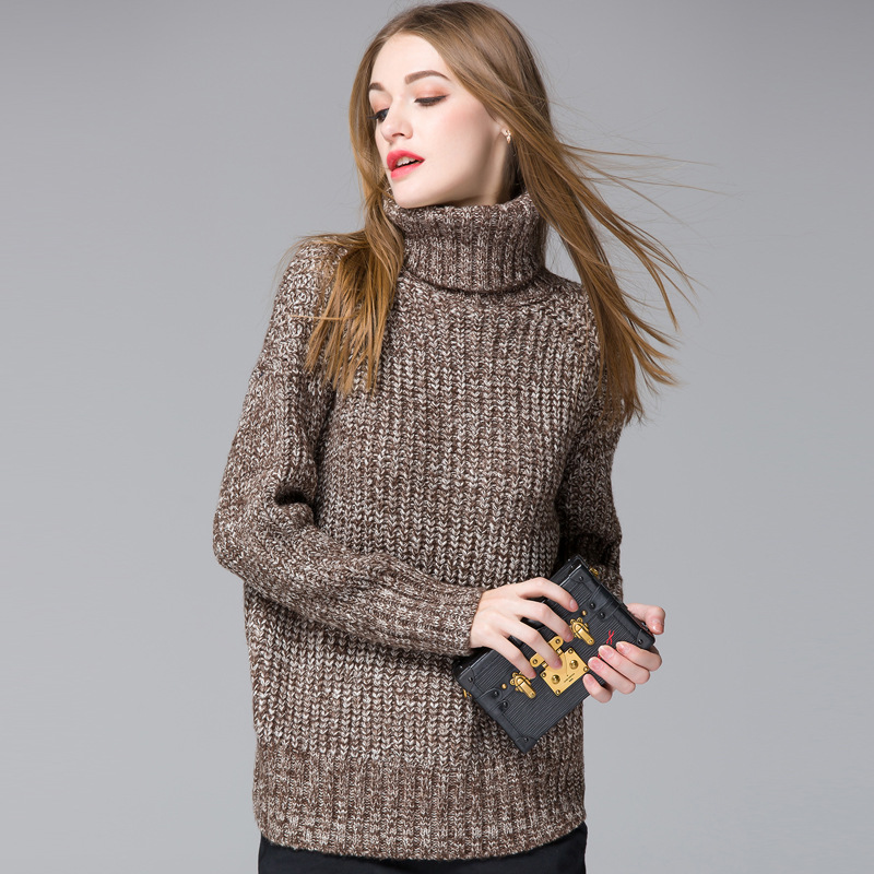 2015秋冬天高领粗毛线毛衣长袖加厚保暖花线针织毛衣 羊毛外套 女
