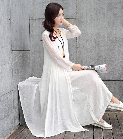 2015秋装新款女士韩版显瘦纯色圆领长袖中长款棉麻连衣裙女无项链