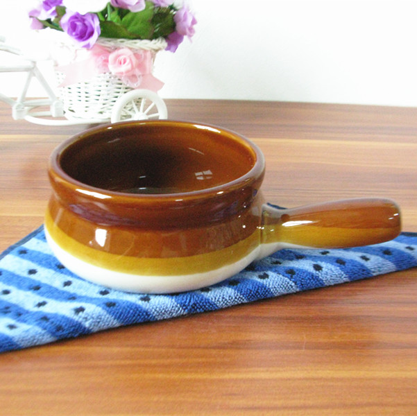 法单CHEFS咖啡色陶瓷单柄碗 5寸带柄锅汤碗烤碗甜品沙拉碗米饭碗