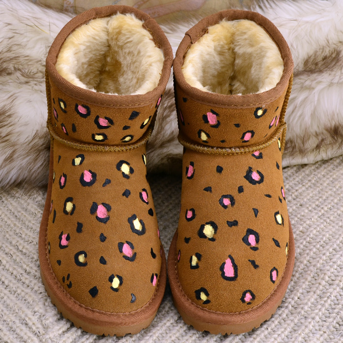 雪地靴女豹纹个性短靴真皮女靴 手绘潮靴牛反绒保暖棉鞋平底靴子