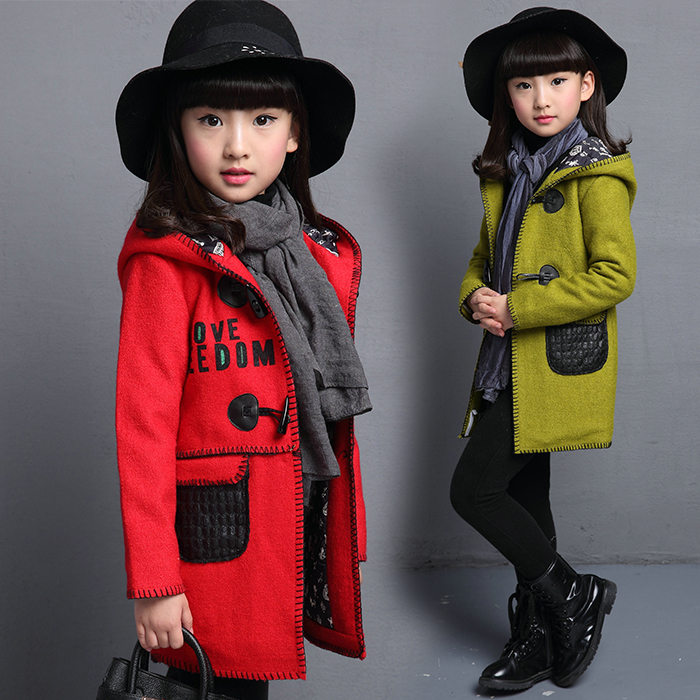 2015冬季新款童装女童加厚羊角扣连帽外套中大儿童加棉保暖呢大衣