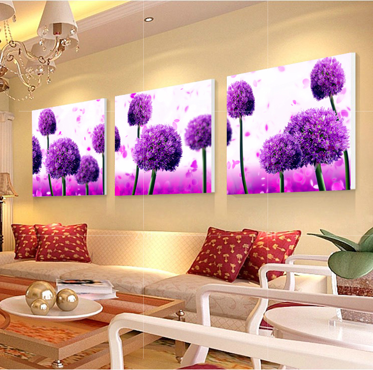 8唯美紫色花 时尚客厅无框画 办公室装饰画卧室挂画沙发墙画三联