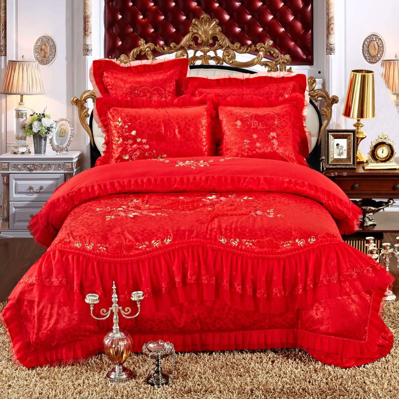 婚庆四件套大红色全棉多件套蕾丝绣花十件套贡缎提花结婚床上用品