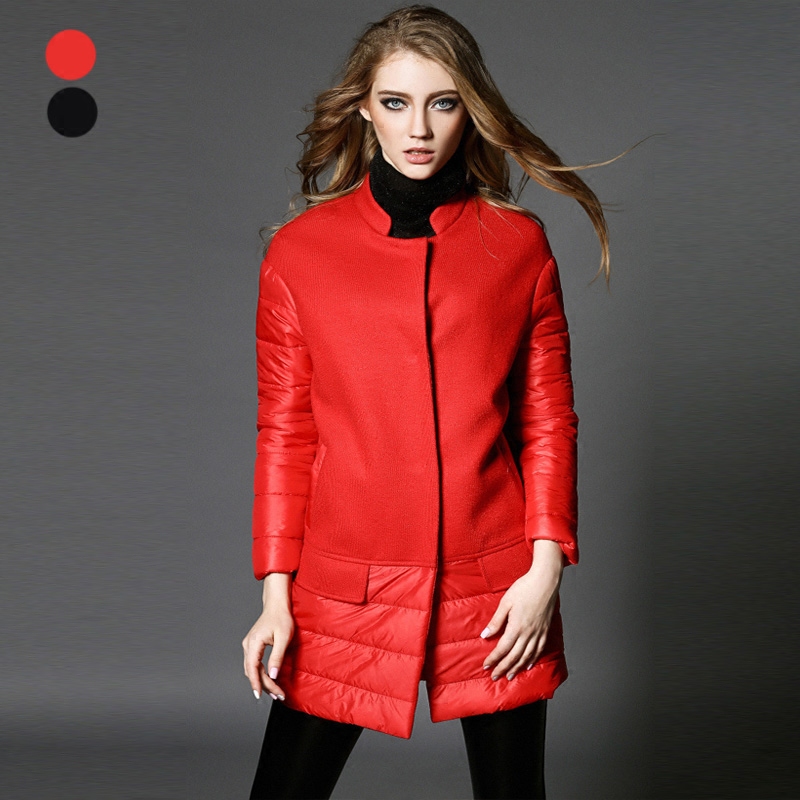 2015冬新款女装欧美大牌羊毛呢拼接羽绒袖大衣中长款加厚保暖外套