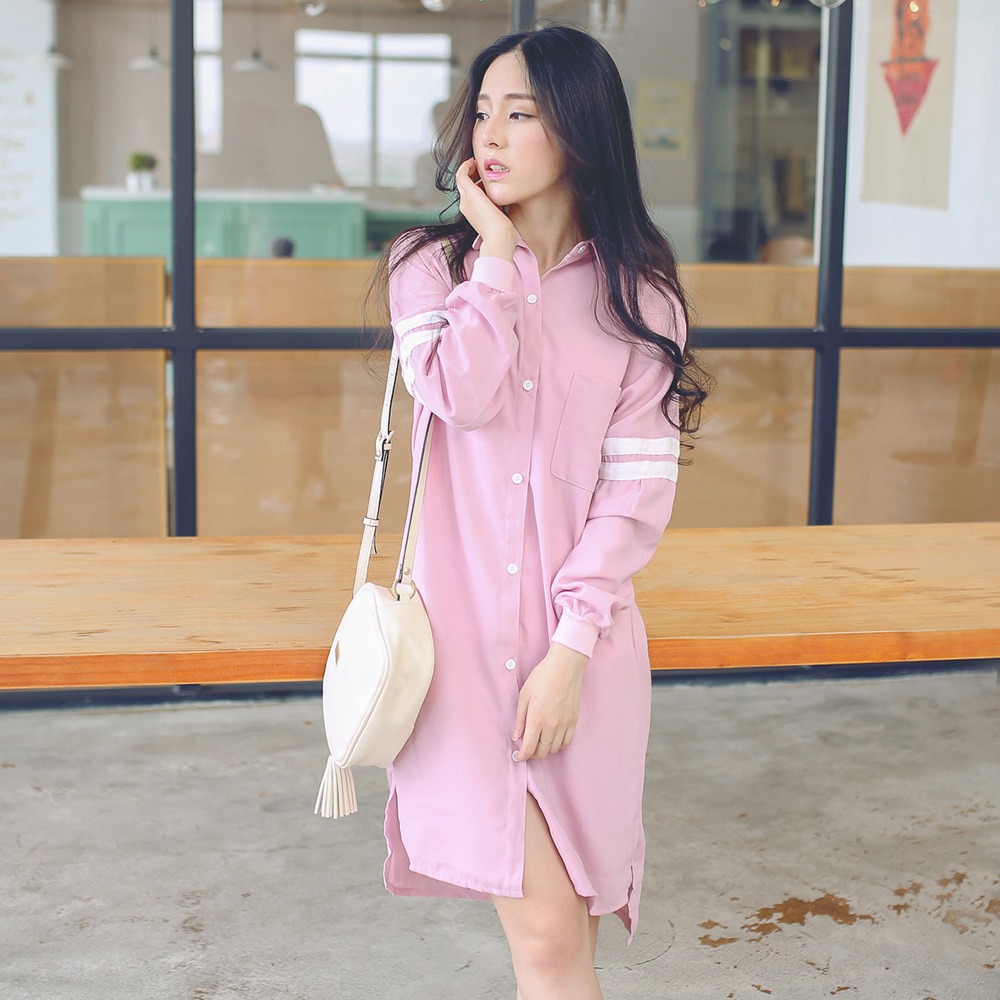 衬衫连衣裙中长款2015韩国女装秋季新款运动风长袖翻领衬衫裙外套