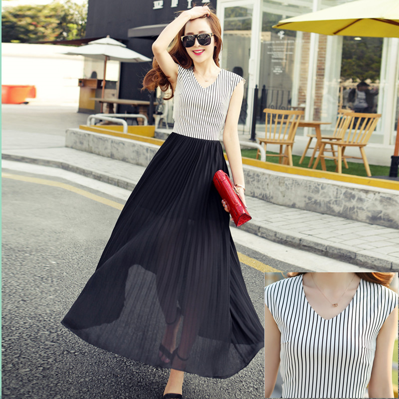 条纹连衣裙2015夏装新款女装无袖V领长裙韩版时尚显瘦黑白相间裙