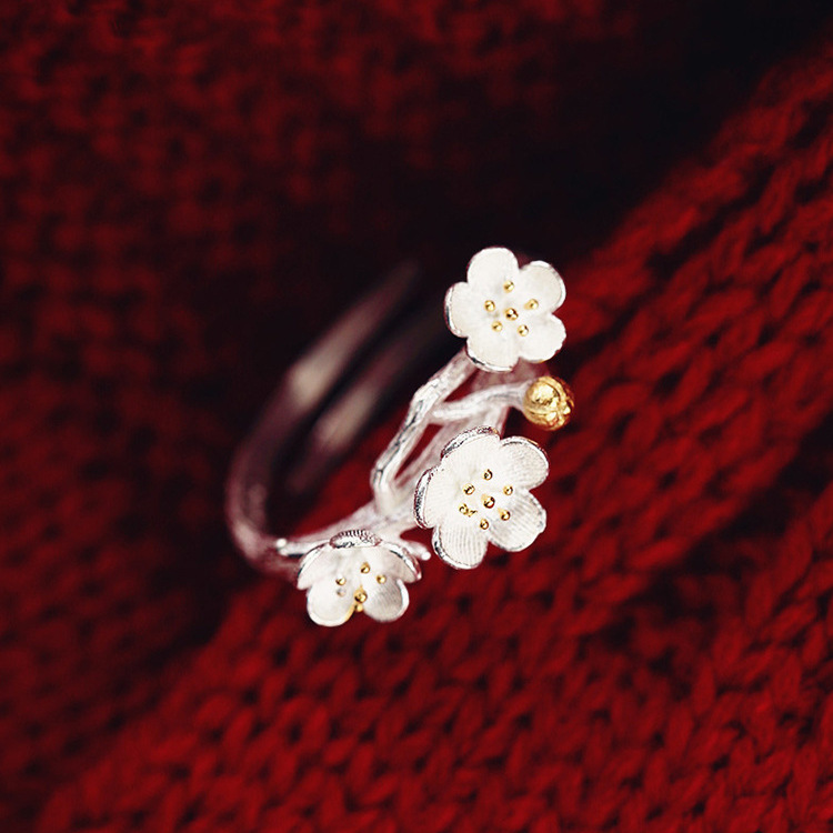韩国s925纯银饰品戒指女文艺梅花食指指环开口小清新花朵手工戒指