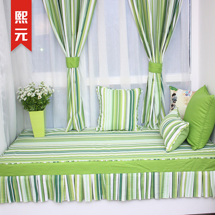 简约现代绿色条纹 清新的绿 纯棉帆布 飘窗垫沙发垫榻榻米垫定做