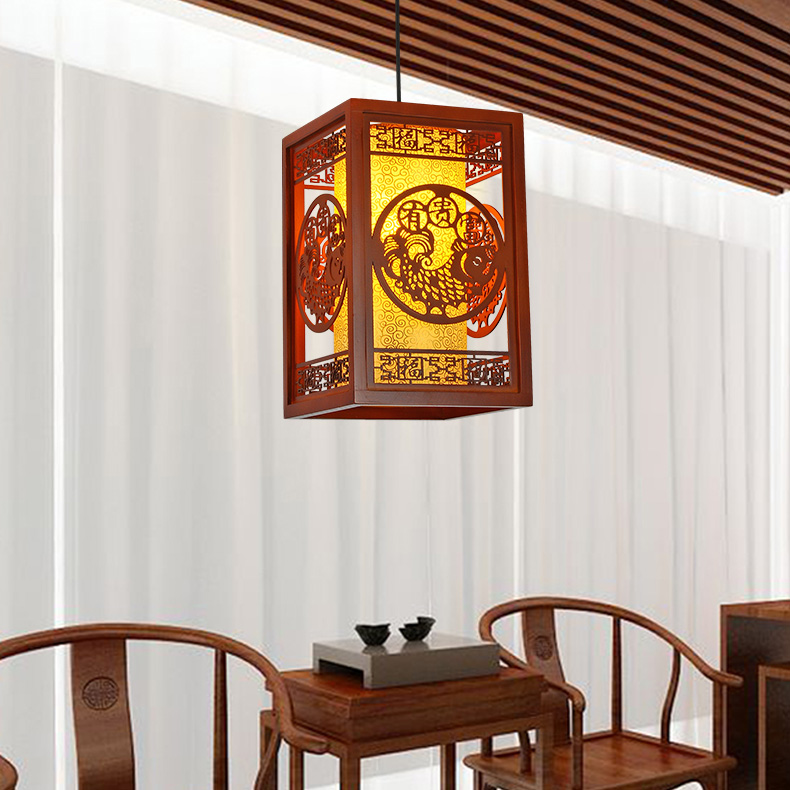 中式吊灯餐厅灯饰书房茶楼过道实木艺雕刻仿古羊皮灯具
