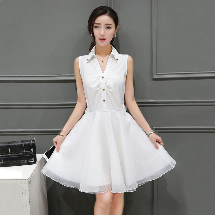 2016白色中腰中长裙纯色连衣裙新款气质修身无袖裙夏季韩版送腰带