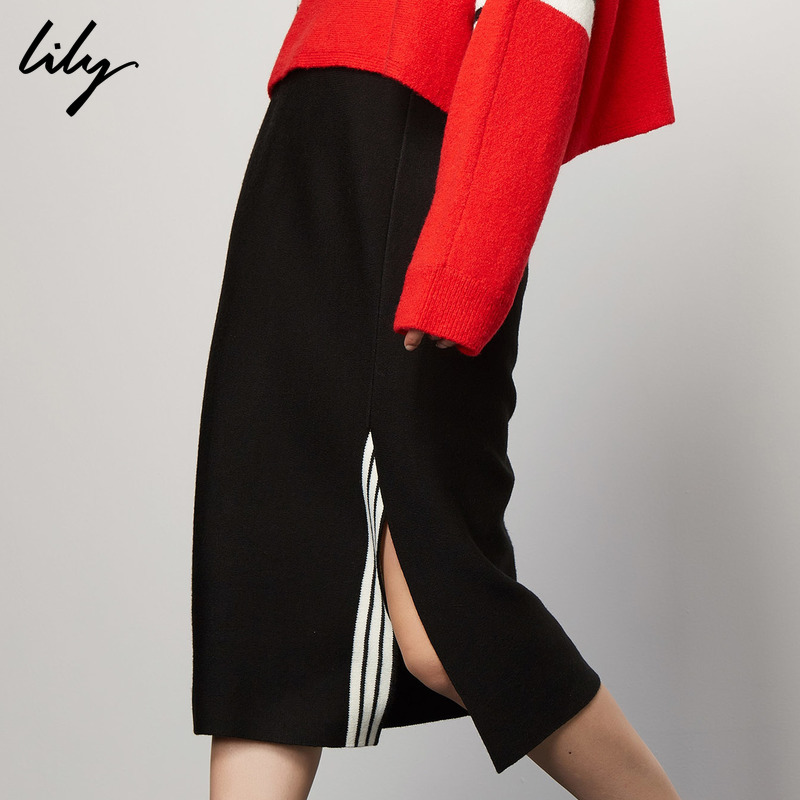 Lily2016冬新款女装商务休闲黑色条纹中长款包臀裙116419B6901