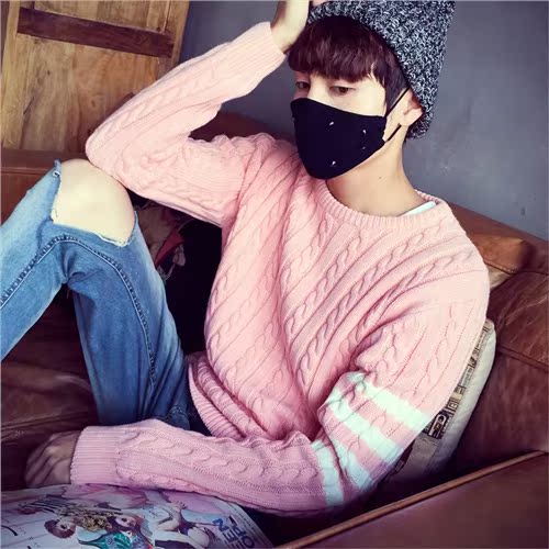 粉色男士小清新扭花针织毛衣青年韩版可爱简约毛衣修身圆领套头
