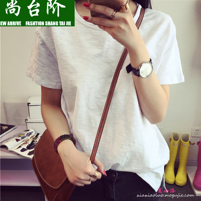15夏季新款T恤女短袖竹节棉宽松中长款体恤圆领白色纯色显瘦纯棉