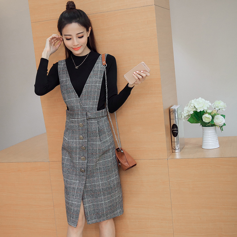 2016秋季韩版时尚高领针织衫+格子背带连衣裙两件套装显瘦女装