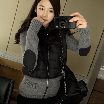 韩国正品代购minsshop保暖时尚个性兔毛针织假两件拼接棉衣棉服
