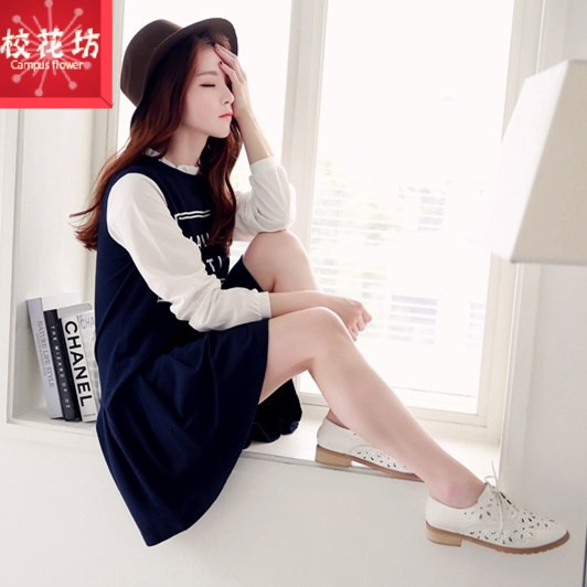 2015秋装新款韩版时尚甜美清新气质修身长袖女装假两件套连衣裙潮
