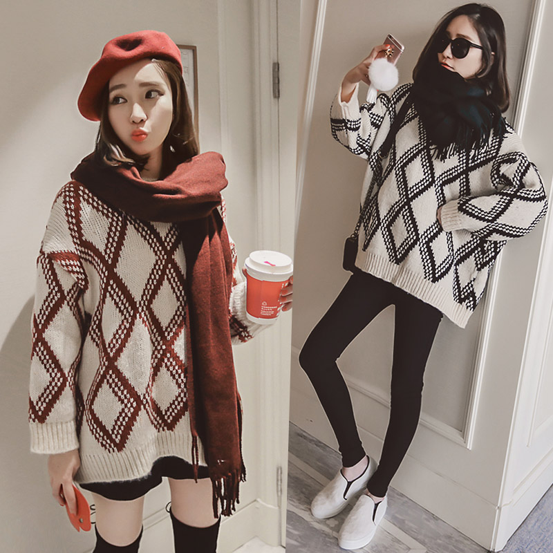 毛衣女冬季韩版通勤格子套头直筒加厚中长款直筒长袖圆领菱格毛衣