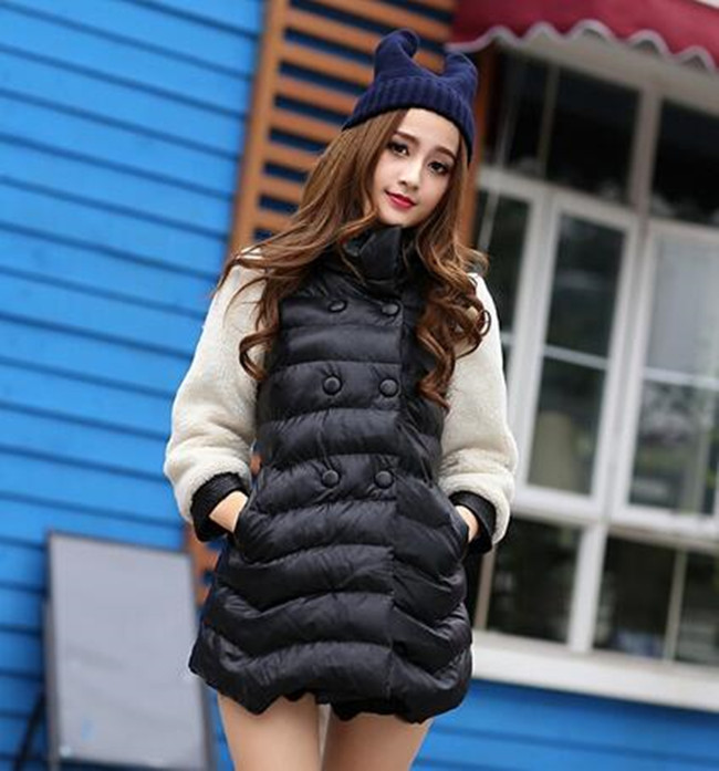 2015年冬装新款韩版立领PU皮拼接九分袖中长款女式羽绒棉衣棉服女