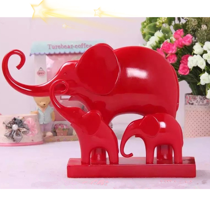 红色三只小象三连树脂客厅工艺结婚礼品家居饰品摆设礼物大象摆件