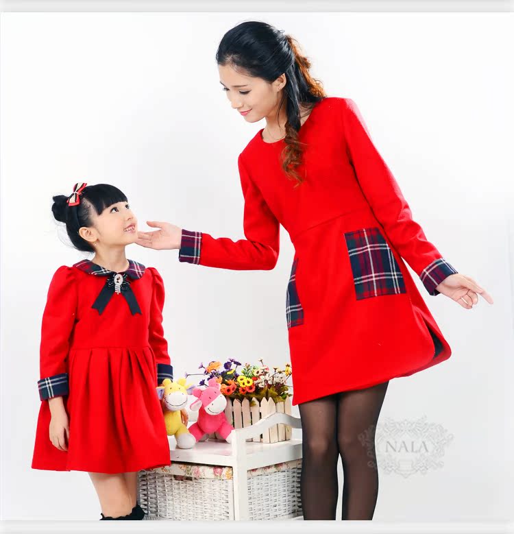 2015年冬圣诞春节节日红色连衣裙 母女亲子装毛呢红呢拼接连衣裙