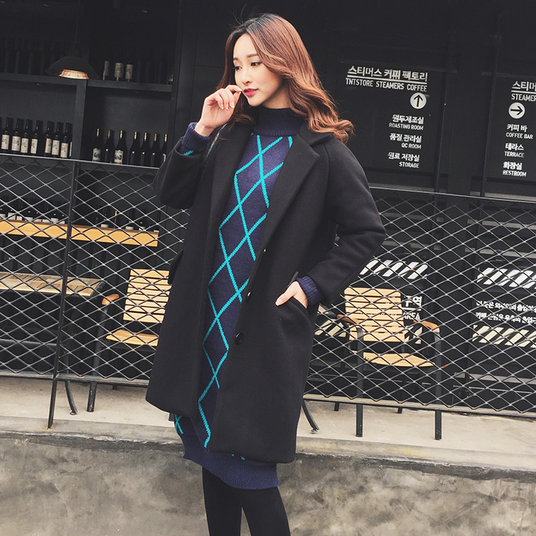 新款韩版宽松黑色西装领加厚中长款毛呢外套女茧型呢子大衣显瘦潮