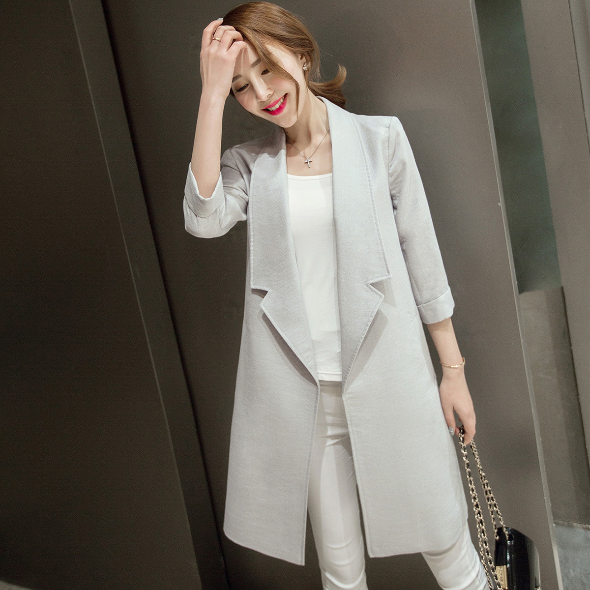 2016年秋季新款薄韩版宽松显瘦中长款小西装外套七分袖风衣外套女