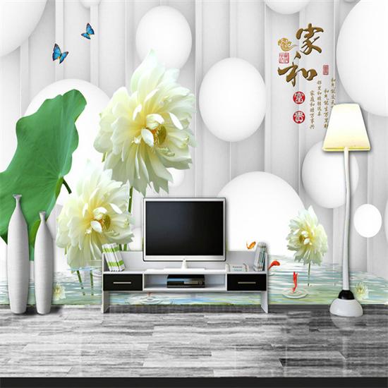 3D现代中式莲叶花家和富贵壁画客厅沙发电视背景墙纸无缝整张壁纸